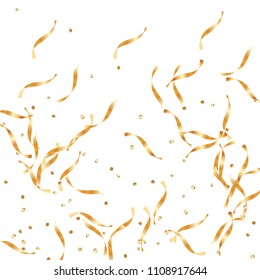  Gold confetti, ribbons. Falling glitter.  Abstract golden anniversary invitation template. Wedding concept card. Flying abstract particles. Explosion celebrate card.