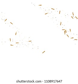  Gold confetti, ribbons. Falling glitter. Abstract golden anniversary invitation template. Wedding concept card. Flying abstract particles. Explosion celebrate card.