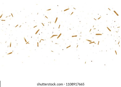  Gold confetti, ribbons. Falling glitter. Abstract golden anniversary invitation template. Wedding concept card. Flying abstract particles. Explosion celebrate card.