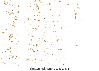  Gold confetti, ribbons. Falling glitter.  Abstract golden anniversary invitation template. Wedding concept card. Flying abstract particles. Explosion celebrate card.