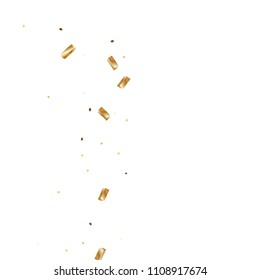  Gold confetti, ribbons. Falling glitter.  Abstract golden anniversary invitation template. Wedding concept card. Flying abstract particles. Explosion celebrate card.