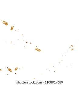  Gold confetti, ribbons. Falling glitter. Abstract golden anniversary invitation template. Wedding concept card. Flying abstract particles. Explosion celebrate card.