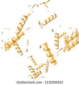  Gold confetti, ribbons. Falling glitter. Bokeh background. Abstract golden anniversary invitation template. Wedding concept card. Flying abstract particles. Explosion celebrate card.