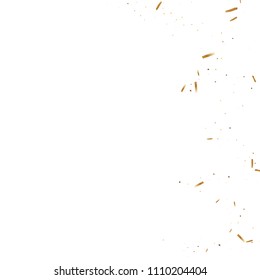  Gold confetti, ribbons. Falling glitter. Bokeh background. Abstract golden anniversary invitation template. Wedding concept card. Flying abstract particles. Explosion celebrate card.