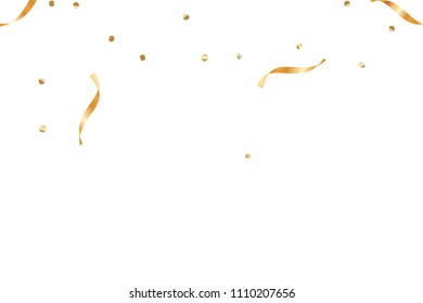  Gold confetti, ribbons. Falling glitter. Bokeh background. Abstract golden anniversary invitation template. Wedding concept card. Flying abstract particles. Explosion celebrate card.