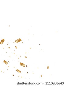  Gold confetti, ribbons. Falling glitter. Bokeh background. Abstract golden anniversary invitation template. Wedding concept card. Flying abstract particles. Explosion celebrate card.