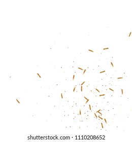  Gold confetti, ribbons. Falling glitter. Bokeh background. Abstract golden anniversary invitation template. Wedding concept card. Flying abstract particles. Explosion celebrate card.
