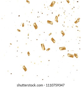  Gold confetti, ribbons. Falling glitter. Bokeh background. Abstract golden anniversary invitation template. Wedding concept card. Flying abstract particles. Explosion celebrate card.
