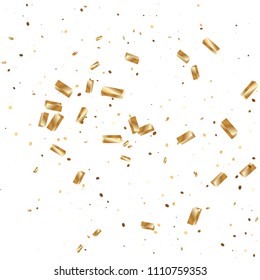  Gold confetti, ribbons. Falling glitter. Bokeh background. Abstract golden anniversary invitation template. Wedding concept card. Flying abstract particles. Explosion celebrate card.