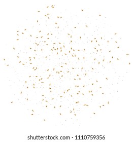  Gold confetti, ribbons. Falling glitter. Bokeh background. Abstract golden anniversary invitation template. Wedding concept card. Flying abstract particles. Explosion celebrate card.