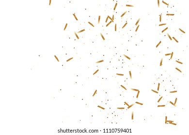  Gold confetti, ribbons. Falling glitter. Bokeh background. Abstract golden anniversary invitation template. Wedding concept card. Flying abstract particles. Explosion celebrate card.