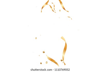  Gold confetti, ribbons. Falling glitter. Bokeh background. Abstract golden anniversary invitation template. Wedding concept card. Flying abstract particles. Explosion celebrate card.