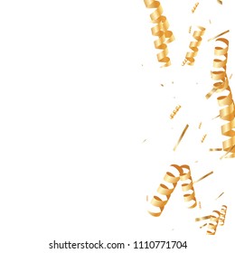  Gold confetti, ribbons. Falling glitter. Bokeh background. Abstract golden anniversary invitation template. Wedding concept card. Flying abstract particles. Explosion celebrate card.