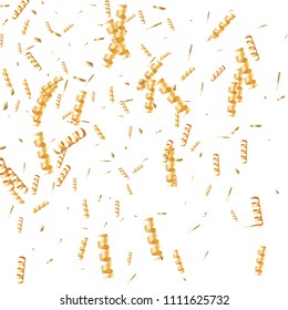  Gold confetti, ribbons. Falling glitter. Bokeh background. Abstract golden anniversary invitation template. Wedding concept card. Flying abstract particles. Explosion celebrate card.