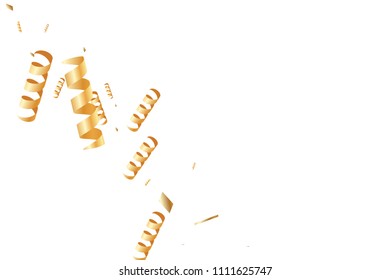  Gold confetti, ribbons. Falling glitter. Bokeh background. Abstract golden anniversary invitation template. Wedding concept card. Flying abstract particles. Explosion celebrate card.
