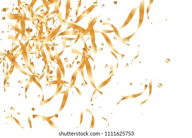  Gold confetti, ribbons. Falling glitter. Bokeh background. Abstract golden anniversary invitation template. Wedding concept card. Flying abstract particles. Explosion celebrate card.