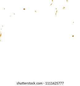  Gold confetti, ribbons. Falling glitter. Bokeh background. Abstract golden anniversary invitation template. Wedding concept card. Flying abstract particles. Explosion celebrate card.