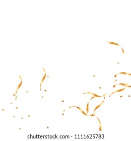  Gold confetti, ribbons. Falling glitter. Bokeh background. Abstract golden anniversary invitation template. Wedding concept card. Flying abstract particles. Explosion celebrate card.