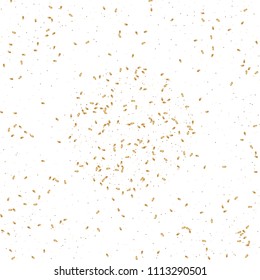  Gold confetti, ribbons. Falling glitter. Bokeh background. Abstract golden anniversary invitation template. Wedding concept card. Flying abstract particles. Explosion celebrate card.