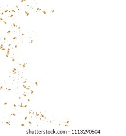  Gold confetti, ribbons. Falling glitter. Bokeh background. Abstract golden anniversary invitation template. Wedding concept card. Flying abstract particles. Explosion celebrate card.