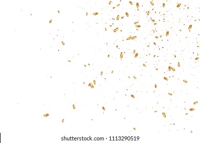  Gold confetti, ribbons. Falling glitter. Bokeh background. Abstract golden anniversary invitation template. Wedding concept card. Flying abstract particles. Explosion celebrate card.