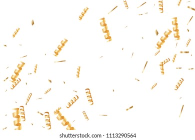 Gold confetti, ribbons. Falling glitter. Bokeh background. Abstract golden anniversary invitation template. Wedding concept card. Flying abstract particles. Explosion celebrate card.
