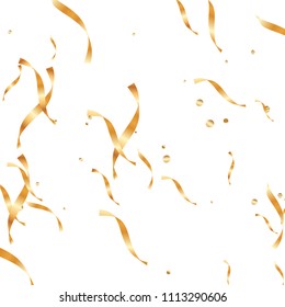  Gold confetti, ribbons. Falling glitter. Bokeh background. Abstract golden anniversary invitation template. Wedding concept card. Flying abstract particles. Explosion celebrate card.