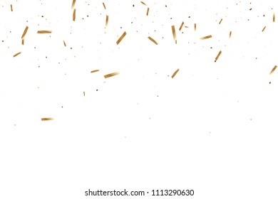  Gold confetti, ribbons. Falling glitter. Bokeh background. Abstract golden anniversary invitation template. Wedding concept card. Flying abstract particles. Explosion celebrate card.