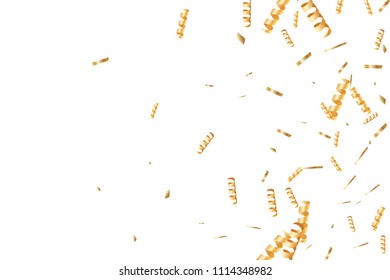  Gold confetti, ribbons. Falling glitter. Bokeh background. Abstract golden anniversary invitation template. Wedding concept card. Flying abstract particles. Explosion celebrate card.