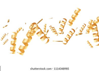  Gold confetti, ribbons. Falling glitter. Bokeh background. Abstract golden anniversary invitation template. Wedding concept card. Flying abstract particles. Explosion celebrate card.