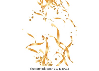  Gold confetti, ribbons. Falling glitter. Bokeh background. Abstract golden anniversary invitation template. Wedding concept card. Flying abstract particles. Explosion celebrate card.