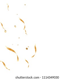  Gold confetti, ribbons. Falling glitter. Bokeh background. Abstract golden anniversary invitation template. Wedding concept card. Flying abstract particles. Explosion celebrate card.