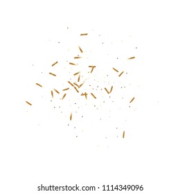  Gold confetti, ribbons. Falling glitter. Bokeh background. Abstract golden anniversary invitation template. Wedding concept card. Flying abstract particles. Explosion celebrate card.