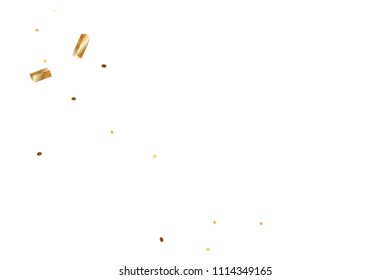 Gold confetti, ribbons. Falling glitter. Bokeh background. Abstract golden anniversary invitation template. Wedding concept card. Flying abstract particles. Explosion celebrate card.