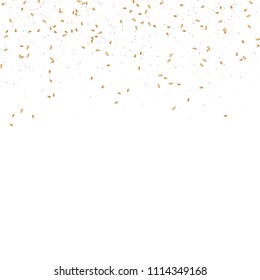  Gold confetti, ribbons. Falling glitter. Bokeh background. Abstract golden anniversary invitation template. Wedding concept card. Flying abstract particles. Explosion celebrate card.