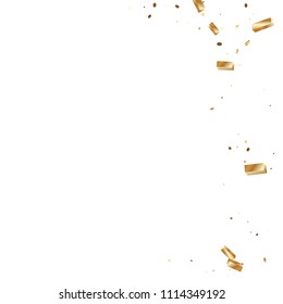  Gold confetti, ribbons. Falling glitter. Bokeh background. Abstract golden anniversary invitation template. Wedding concept card. Flying abstract particles. Explosion celebrate card.