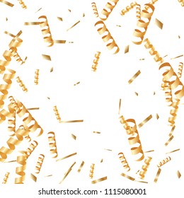  Gold confetti, ribbons. Falling glitter. Bokeh background. Abstract golden anniversary invitation template. Wedding concept card. Flying abstract particles. Explosion celebrate card.