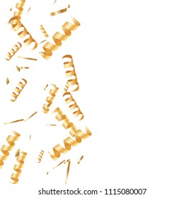  Gold confetti, ribbons. Falling glitter. Bokeh background. Abstract golden anniversary invitation template. Wedding concept card. Flying abstract particles. Explosion celebrate card.