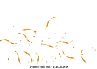  Gold confetti, ribbons. Falling glitter. Bokeh background. Abstract golden anniversary invitation template. Wedding concept card. Flying abstract particles. Explosion celebrate card.