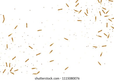  Gold confetti, ribbons. Falling glitter. Bokeh background. Abstract golden anniversary invitation template. Wedding concept card. Flying abstract particles. Explosion celebrate card.
