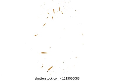  Gold confetti, ribbons. Falling glitter. Bokeh background. Abstract golden anniversary invitation template. Wedding concept card. Flying abstract particles. Explosion celebrate card.