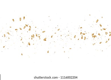  Gold confetti, ribbons. Falling glitter. Bokeh background. Abstract golden anniversary invitation template. Wedding concept card. Flying abstract particles. Explosion celebrate card.