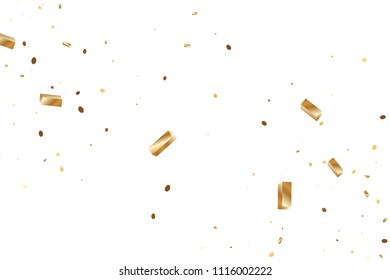  Gold confetti, ribbons. Falling glitter. Bokeh background. Abstract golden anniversary invitation template. Wedding concept card. Flying abstract particles. Explosion celebrate card.