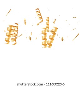  Gold confetti, ribbons. Falling glitter. Bokeh background. Abstract golden anniversary invitation template. Wedding concept card. Flying abstract particles. Explosion celebrate card.