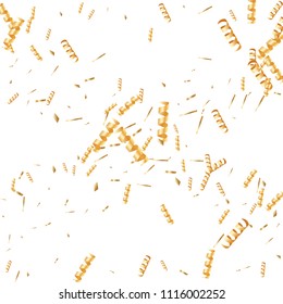  Gold confetti, ribbons. Falling glitter. Bokeh background. Abstract golden anniversary invitation template. Wedding concept card. Flying abstract particles. Explosion celebrate card.