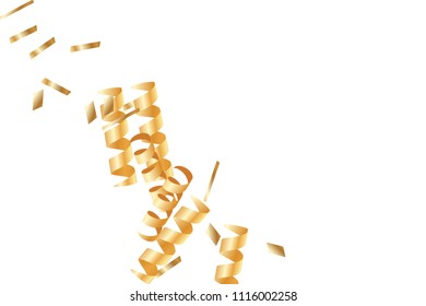  Gold confetti, ribbons. Falling glitter. Bokeh background. Abstract golden anniversary invitation template. Wedding concept card. Flying abstract particles. Explosion celebrate card.
