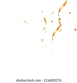  Gold confetti, ribbons. Falling glitter. Bokeh background. Abstract golden anniversary invitation template. Wedding concept card. Flying abstract particles. Explosion celebrate card.