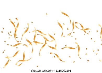  Gold confetti, ribbons. Falling glitter. Bokeh background. Abstract golden anniversary invitation template. Wedding concept card. Flying abstract particles. Explosion celebrate card.
