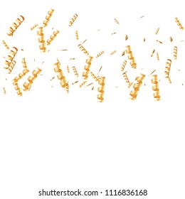  Gold confetti, ribbons. Falling glitter. Bokeh background. Abstract golden anniversary invitation template. Wedding concept card. Flying abstract particles. Explosion celebrate card.