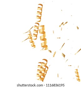  Gold confetti, ribbons. Falling glitter. Bokeh background. Abstract golden anniversary invitation template. Wedding concept card. Flying abstract particles. Explosion celebrate card.
